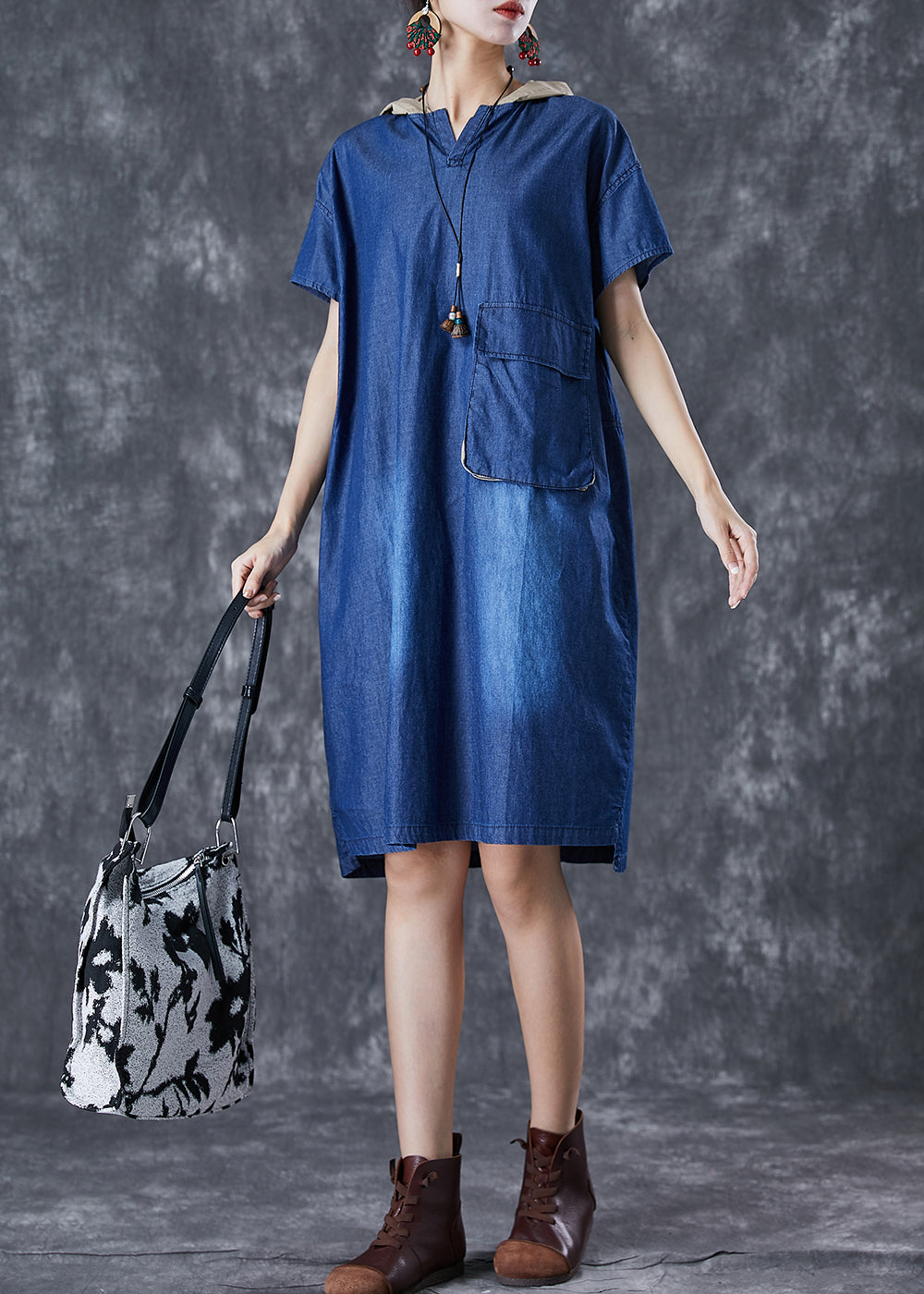 Blue Hooded Patchwork Pocket Denim Mid Dress