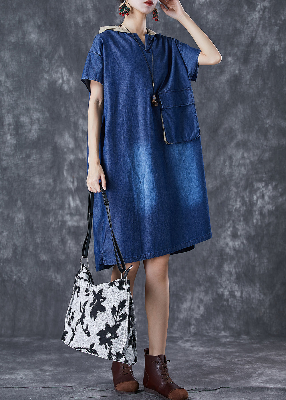 Blue Hooded Patchwork Pocket Denim Mid Dress