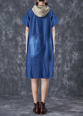 Blue Hooded Patchwork Pocket Denim Mid Dress