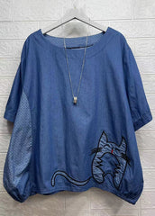 Blue O-Neck Embroideried Patchwork Denim Top