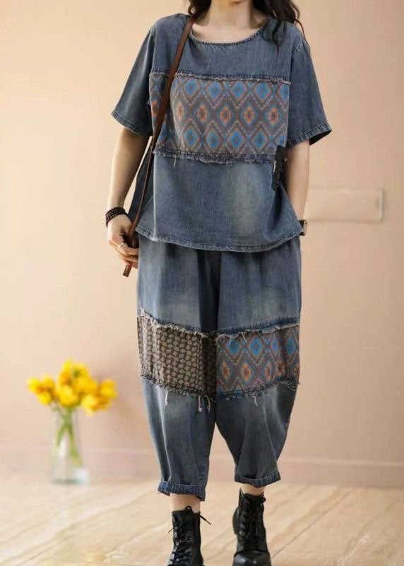 Blue O-Neck Patchwork Tops And Pants Denim Two Pieces Set