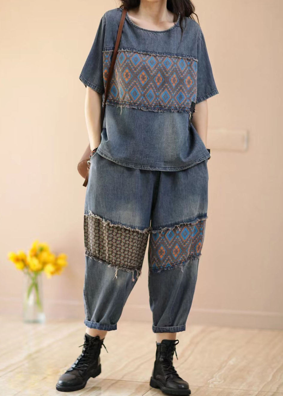 Blaues Patchwork-Set aus Denim mit O-Ausschnitt und Hose