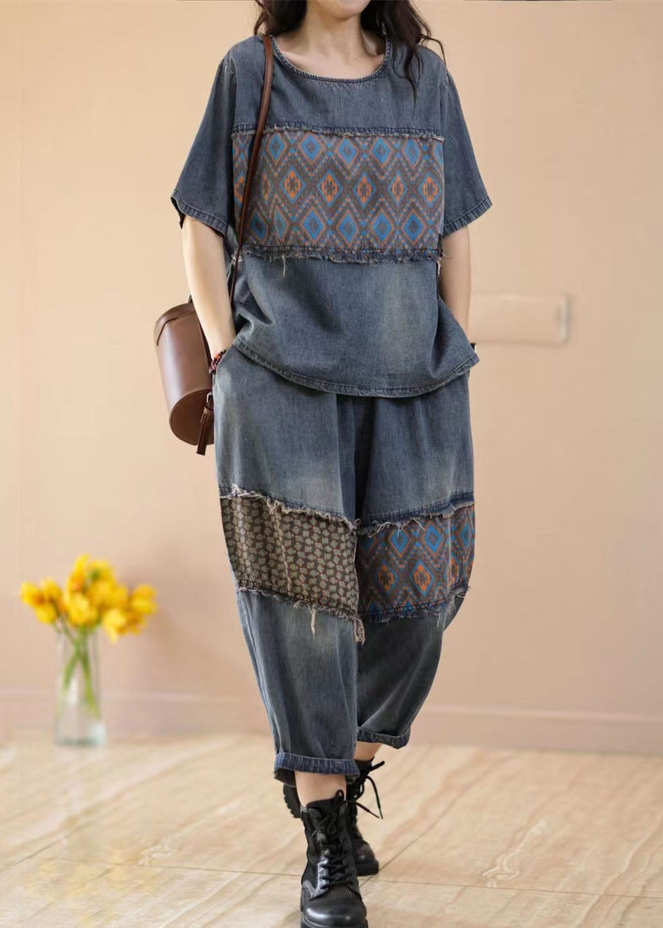 Blaues Patchwork-Set aus Denim mit O-Ausschnitt und Hose