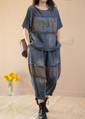 Blue O-Neck Patchwork Tops And Pants Denim Two Pieces Set