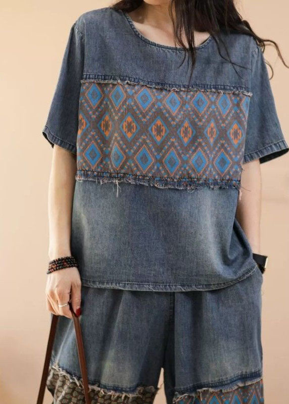 Blue O-Neck Patchwork Tops And Pants Denim Two Pieces Set