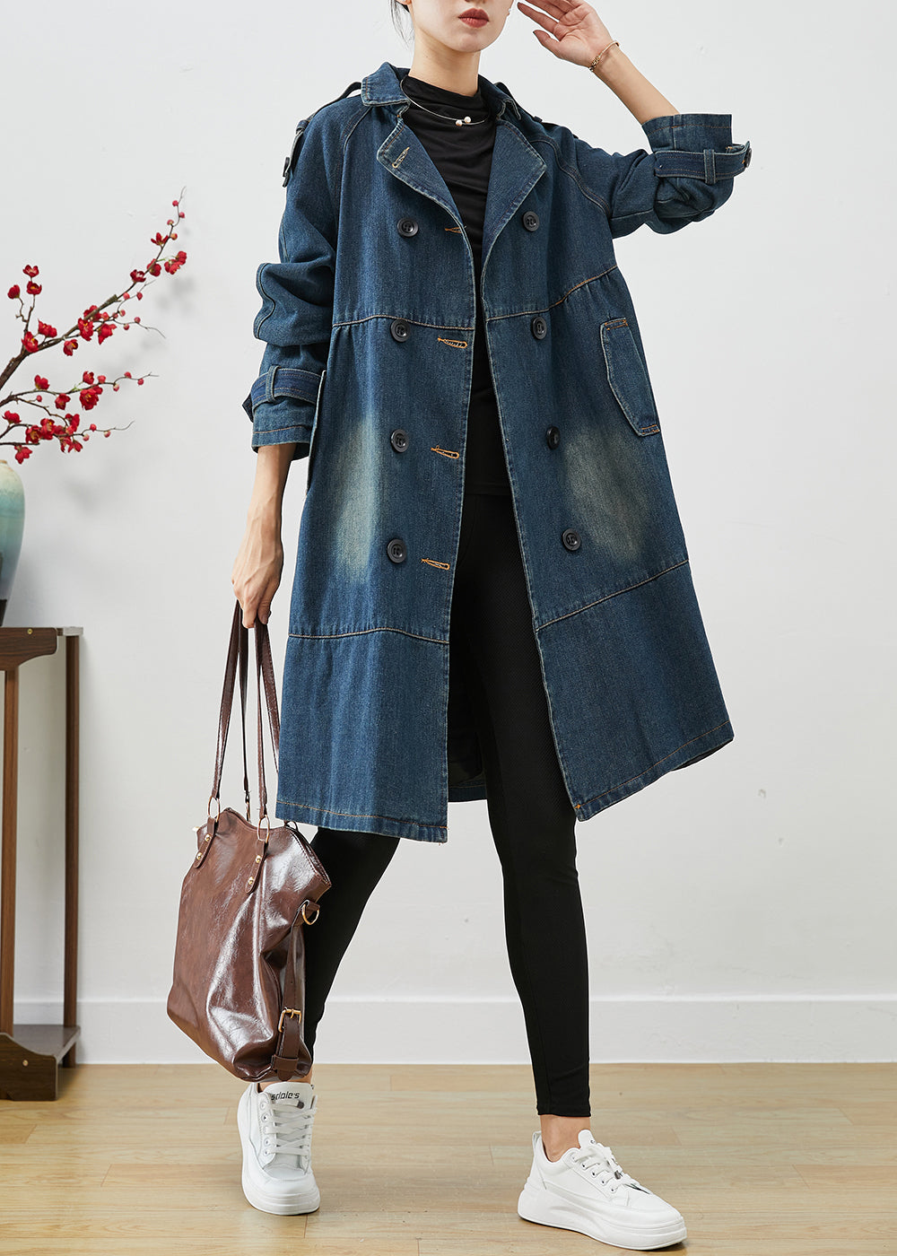 Blue Oversized Double Breast Denim Trench Coats Fall