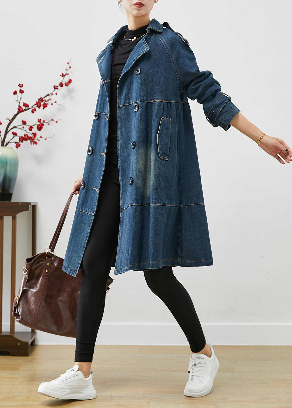 Blue Oversized Double Breast Denim Trench Coats Fall