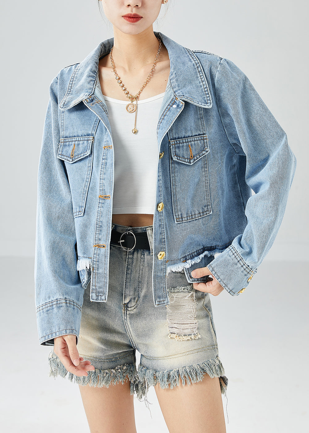 Blue Oversized Pockets Cotton Denim Coat Fall