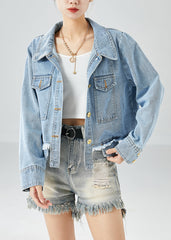 Blue Oversized Pockets Cotton Denim Coat Fall