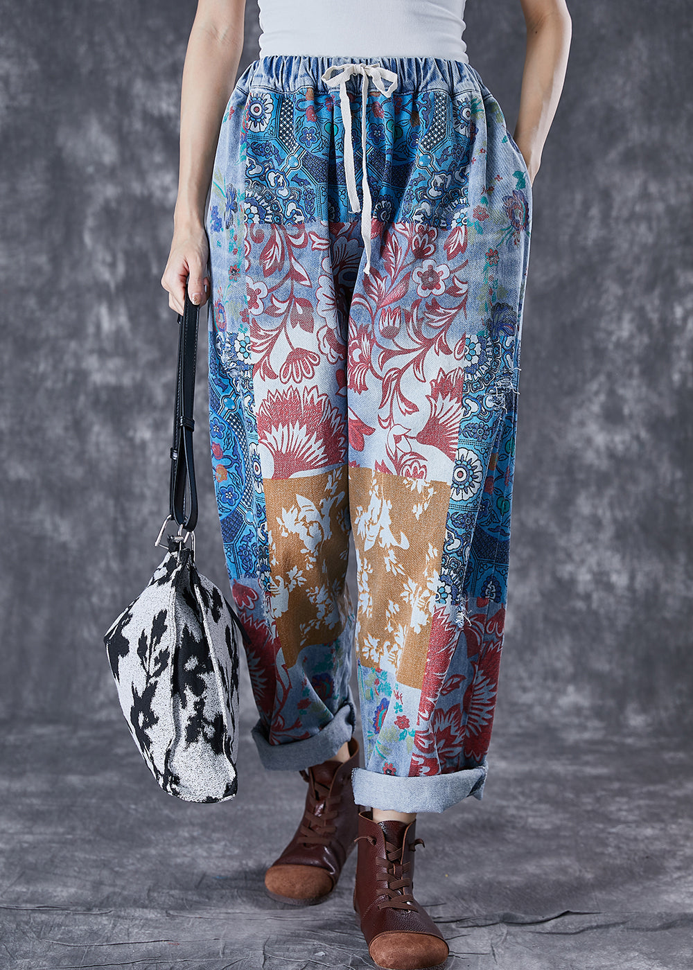 Blue Oversized Print Denim Harem Pants Fall