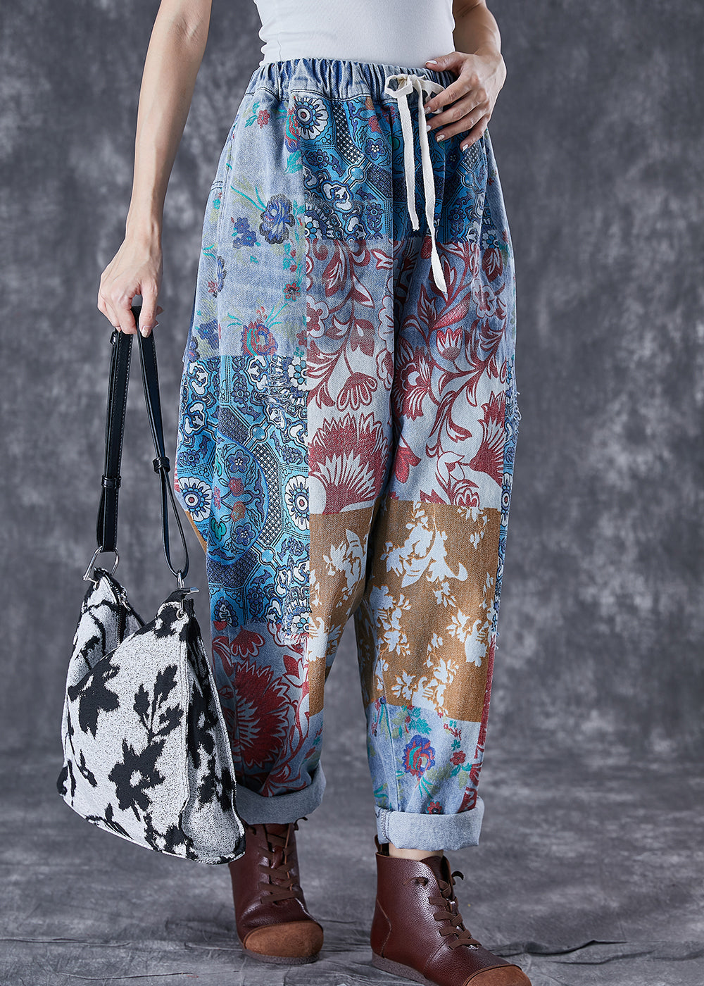 Pantalones harén de mezclilla con estampado oversize azul de otoño