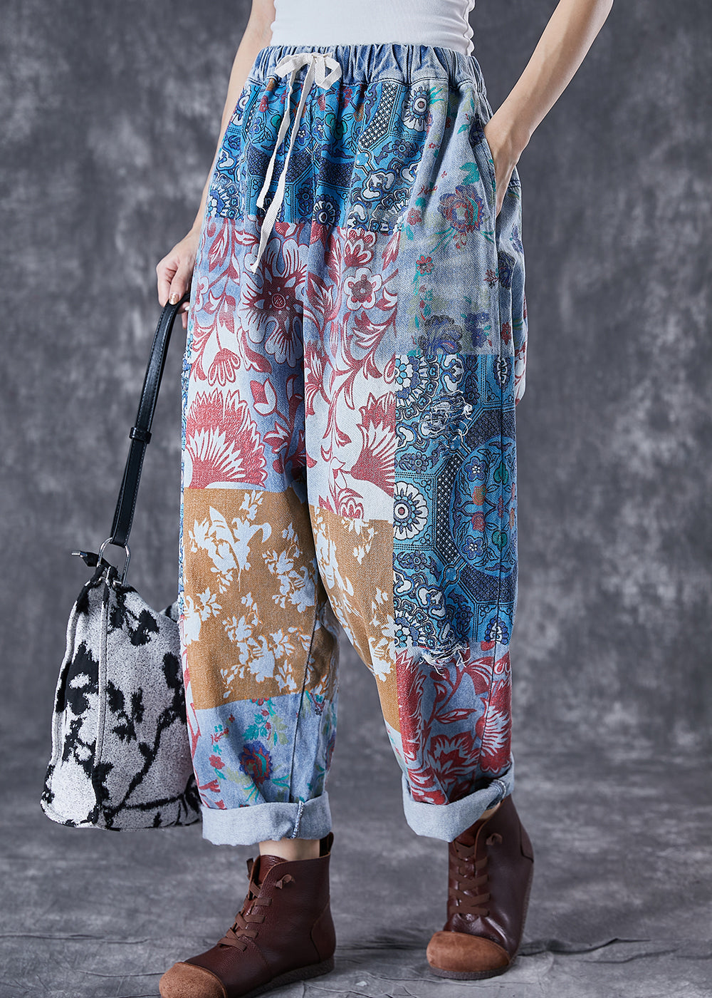 Pantalones harén de mezclilla con estampado oversize azul de otoño