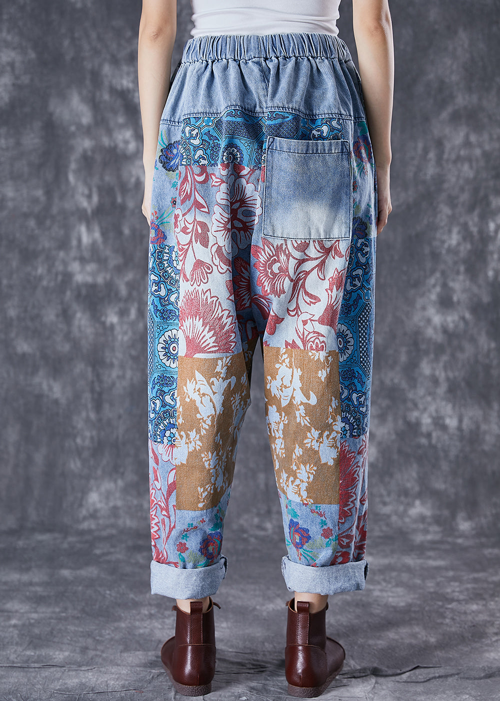 Blue Oversized Print Denim Harem Pants Fall