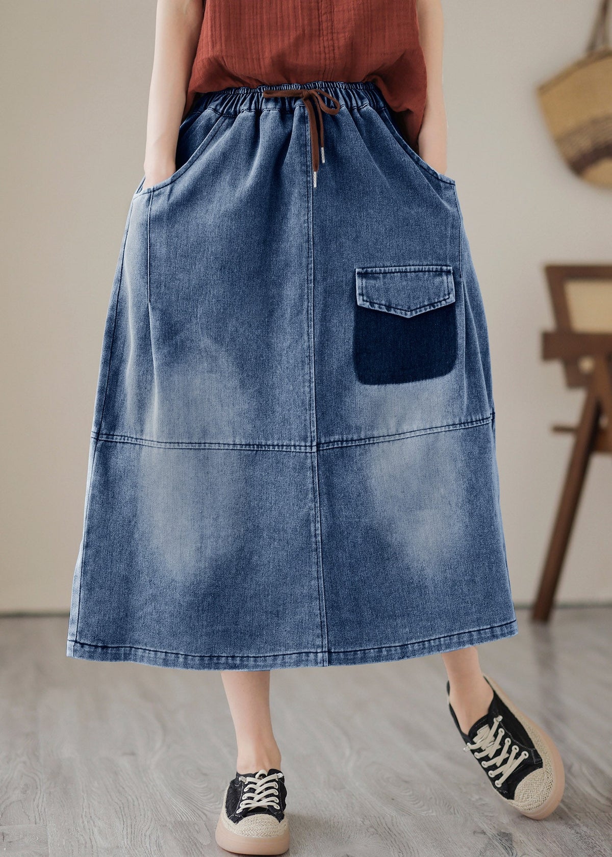 Blue Patchwork Drawstring Elastic Waist Denim Skirts