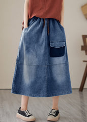 Blue Patchwork Drawstring Elastic Waist Denim Skirts