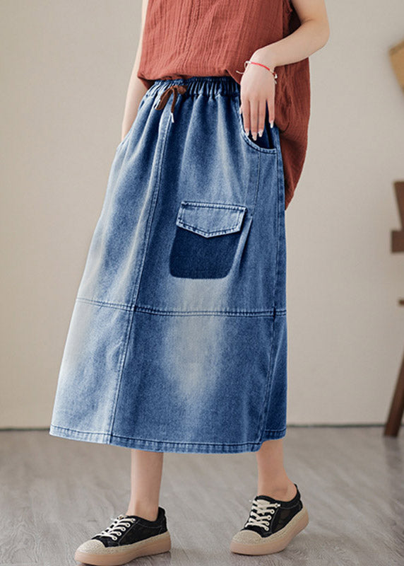 Blue Patchwork Drawstring Elastic Waist Denim Skirts