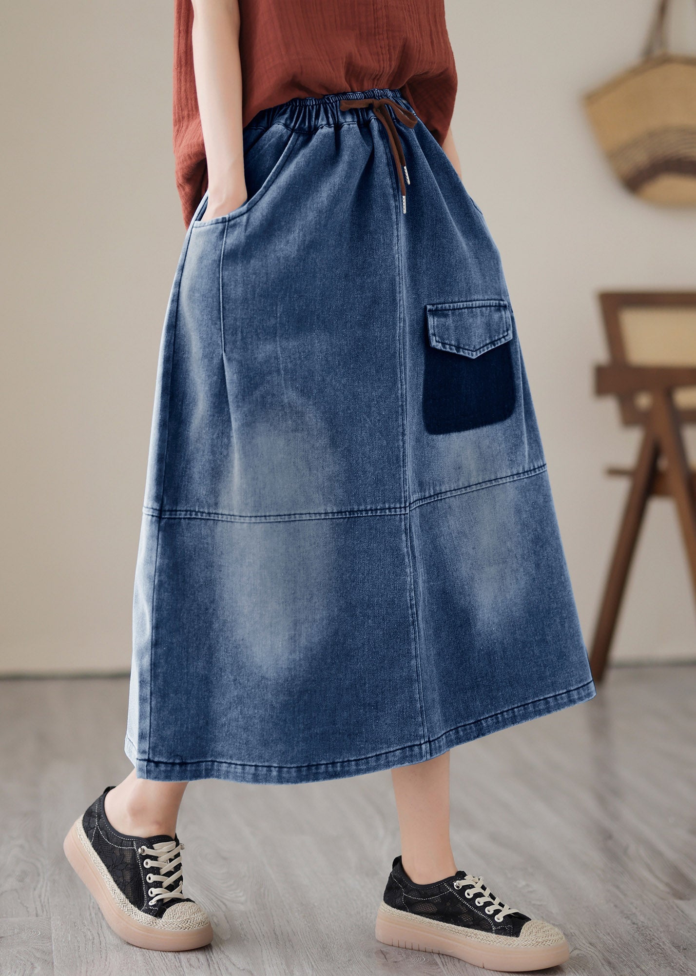 Blaue Patchwork-Jeansröcke mit Kordelzug und elastischer Taille