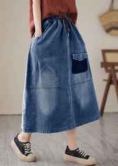 Blue Patchwork Drawstring Elastic Waist Denim Skirts