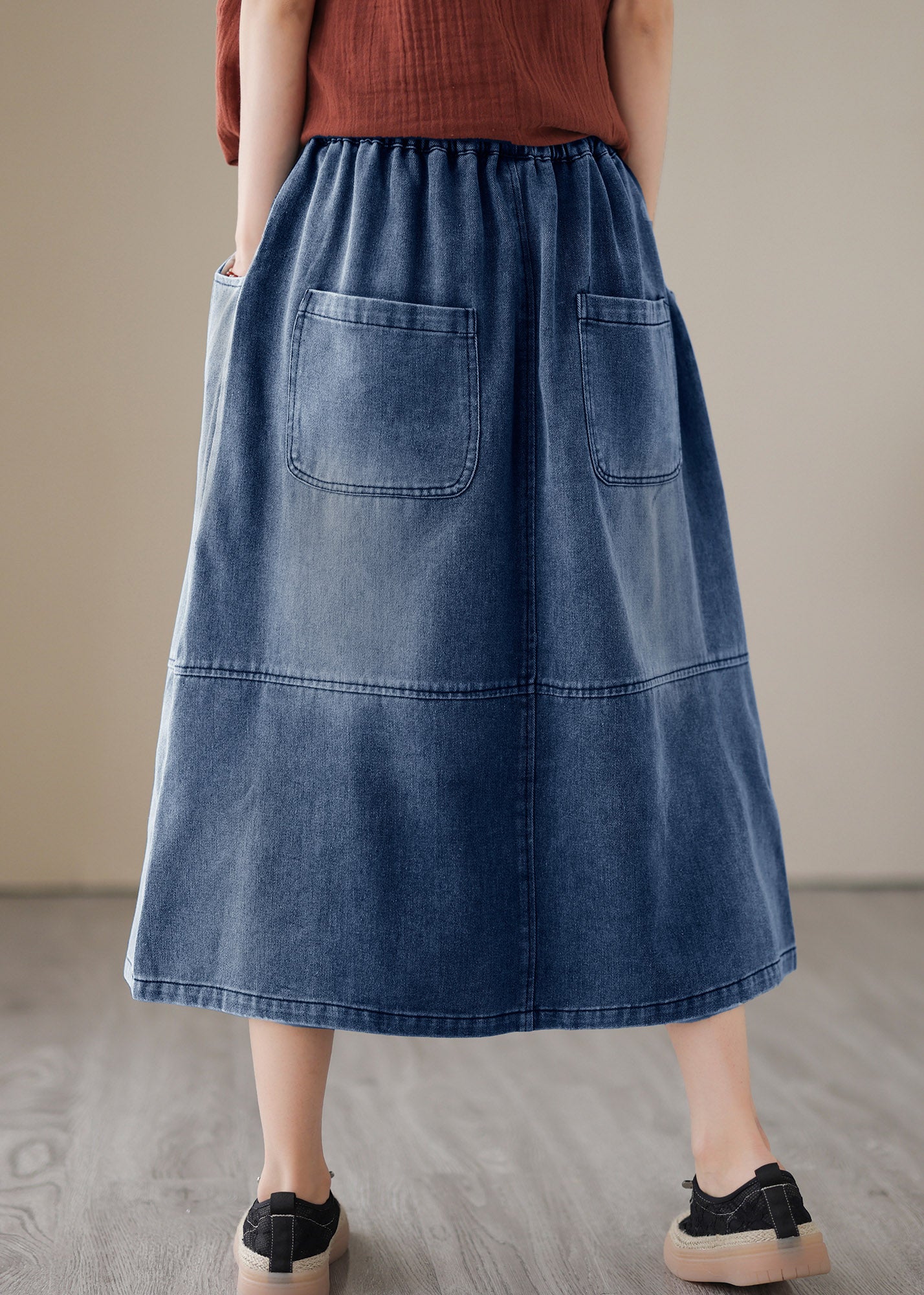 Blue Patchwork Drawstring Elastic Waist Denim Skirts