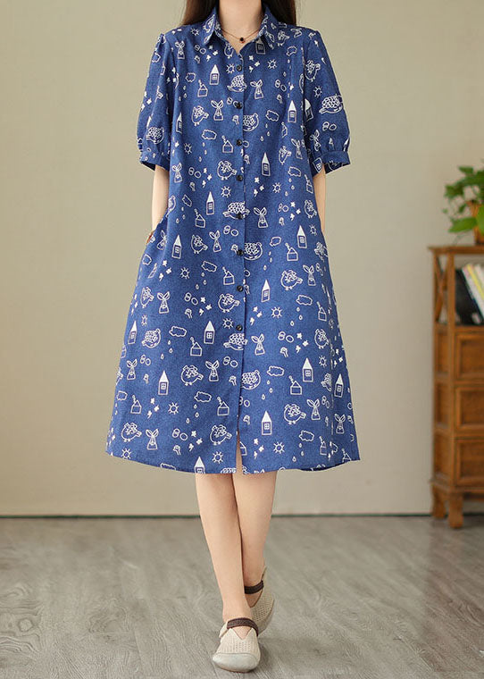 Blue Peter Pan Collar Print Patchwork Denim Shirts Dress