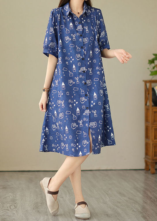 Blue Peter Pan Collar Print Patchwork Denim Shirts Dress