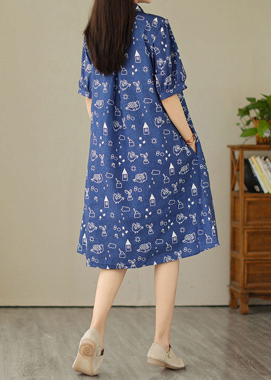 Blue Peter Pan Collar Print Patchwork Denim Shirts Dress