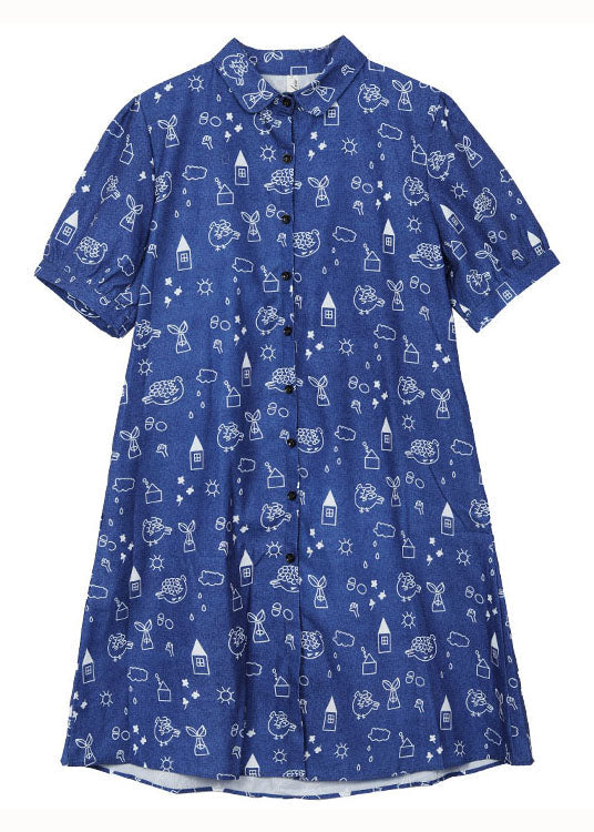 Blue Peter Pan Collar Print Patchwork Denim Shirts Dress