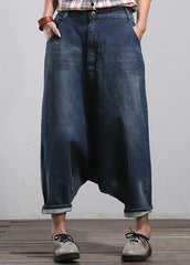 Blue Pockets Patchwork Denim Harem Pants