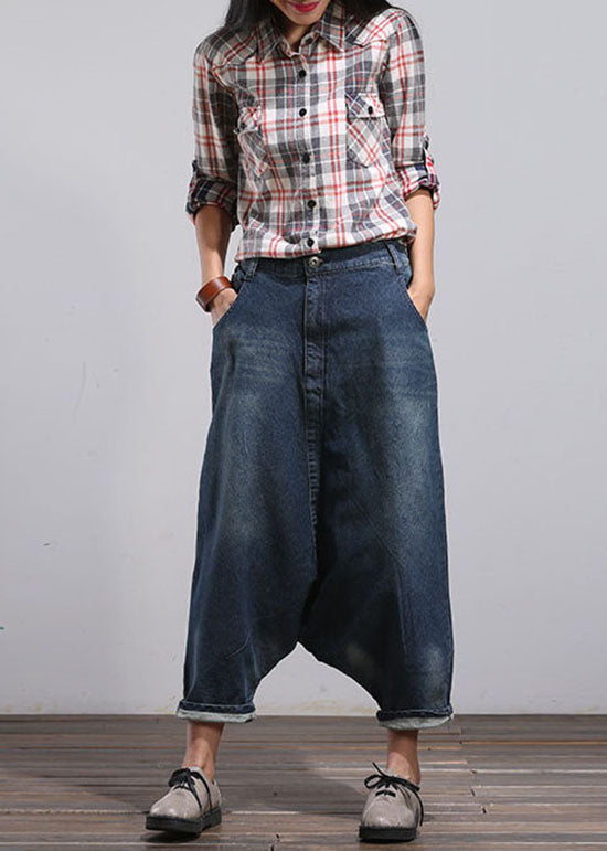 Blue Pockets Patchwork Denim Harem Pants