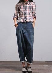 Blue Pockets Patchwork Denim Harem Pants