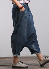 Blue Pockets Patchwork Denim Harem Pants