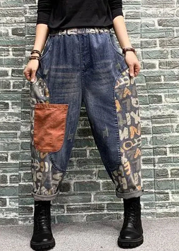 Pantalones harén de mezclilla con estampado de patchwork y bolsillos azules