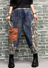 Blue Pockets Patchwork Print Denim Harem Pants