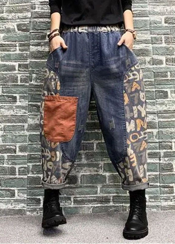 Blue Pockets Patchwork Print Denim Harem Pants