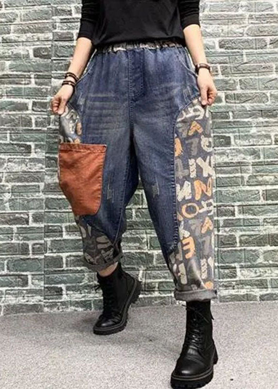 Pantalones harén de mezclilla con estampado de patchwork y bolsillos azules