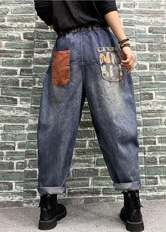 Blue Pockets Patchwork Print Denim Harem Pants