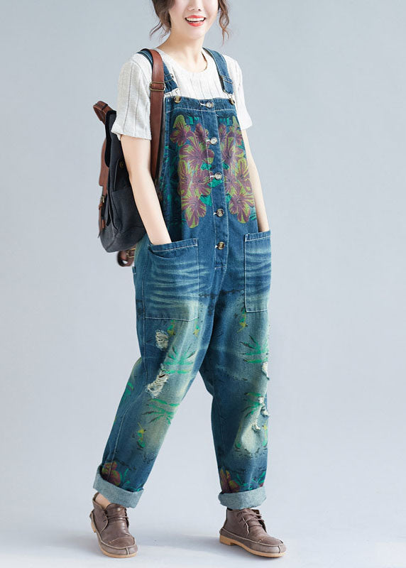 Blue Pockets Patchwork Print Denim Jumpsuit