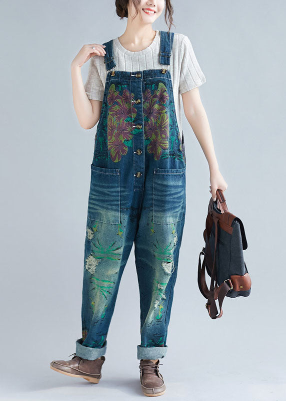 Blue Pockets Patchwork Print Denim Jumpsuit