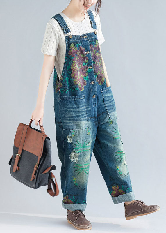 Blue Pockets Patchwork Print Denim Jumpsuit