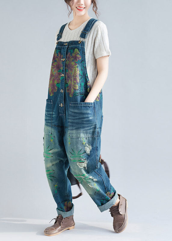 Blue Pockets Patchwork Print Denim Jumpsuit