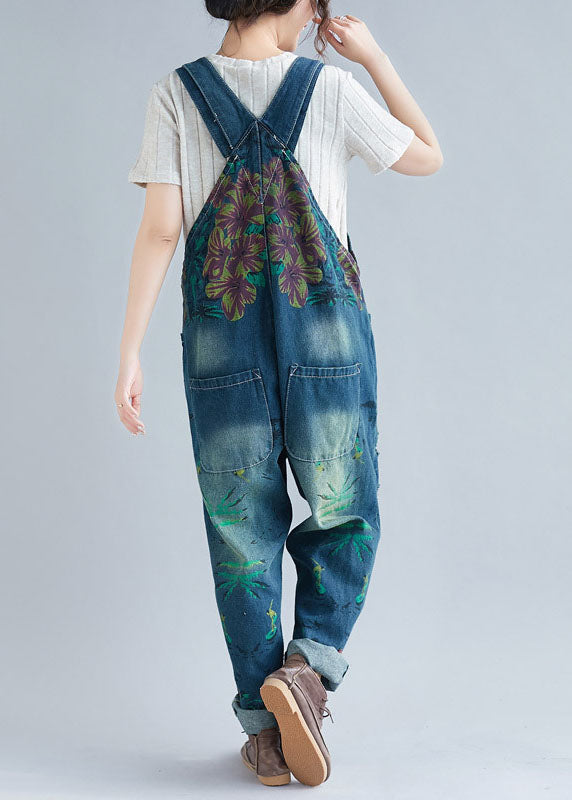 Blue Pockets Patchwork Print Denim Jumpsuit