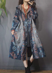 Blue Print Button Pockets Cotton Hoodie Denim Trench Coat Long Sleeve