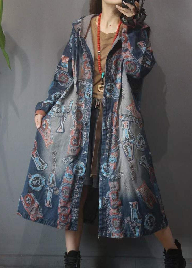 Gabardina vaquera de manga larga con capucha de algodón y bolsillos con botones y estampado azul