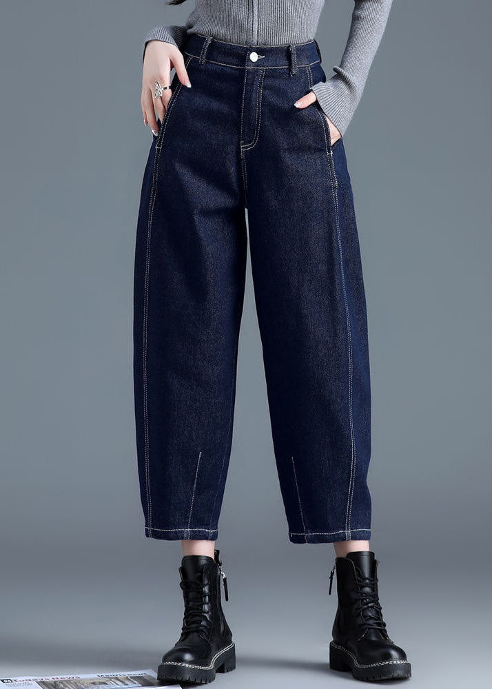 Blue Solid High Waist Pockets Cotton Denim Harem Pants