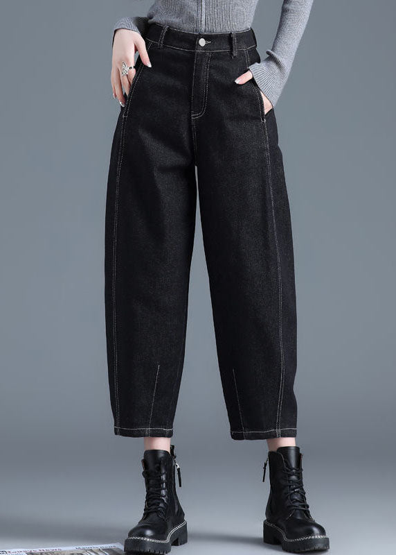 Blue Solid High Waist Pockets Cotton Denim Harem Pants