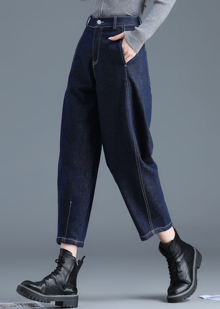 Blue Solid High Waist Pockets Cotton Denim Harem Pants