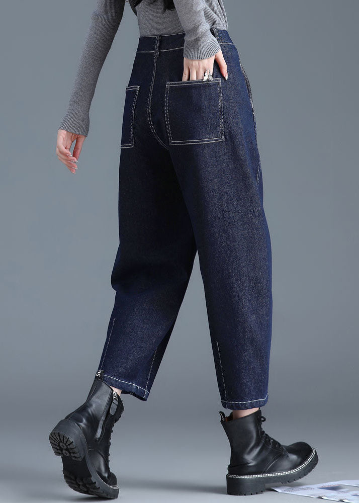 Blue Solid High Waist Pockets Cotton Denim Harem Pants