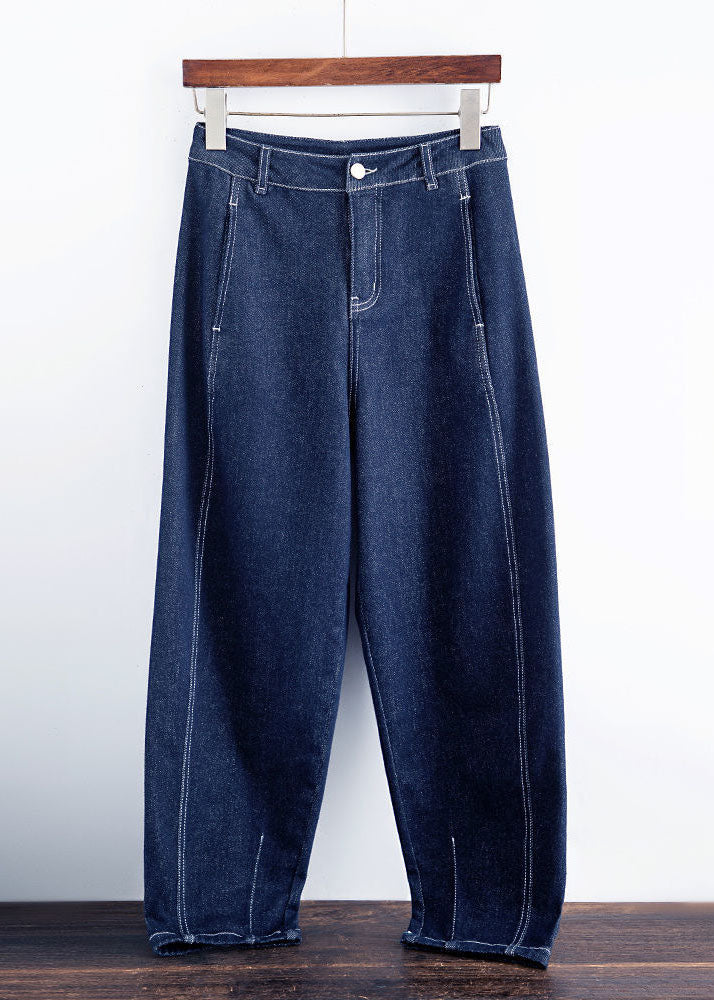 Blue Solid High Waist Pockets Cotton Denim Harem Pants