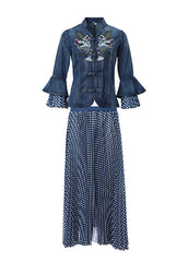 Blue Stand Collar Embroideried Patchwork Cotton Denim Coats Dot print Chiffon skirt Two Pieces Set flare sleeve