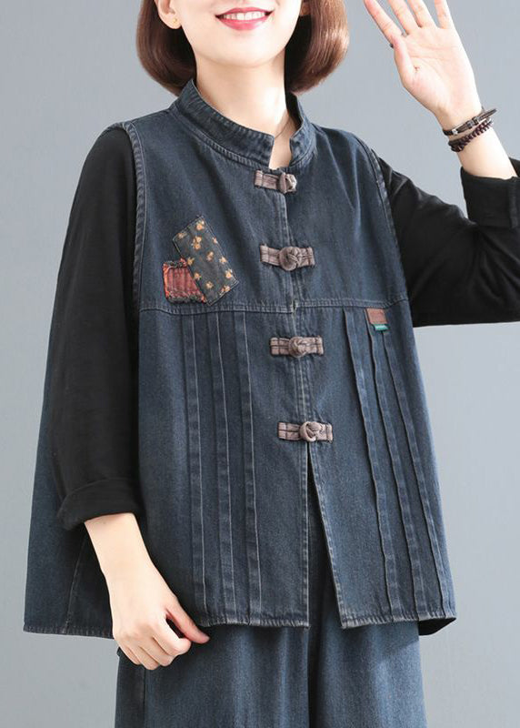 Blauer ärmelloser Denim-Mantel mit Patchwork-Muster und Stehkragen